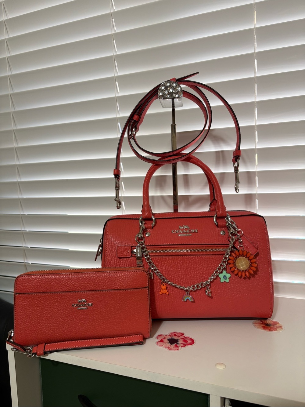 Coach Coral Red Rowan Satchel And Matching Wallet